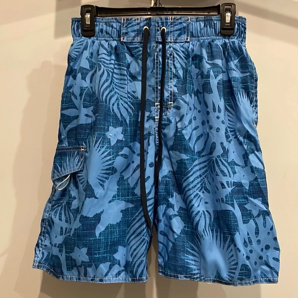 Tropical blue men’s swim trunks small drawstring waist